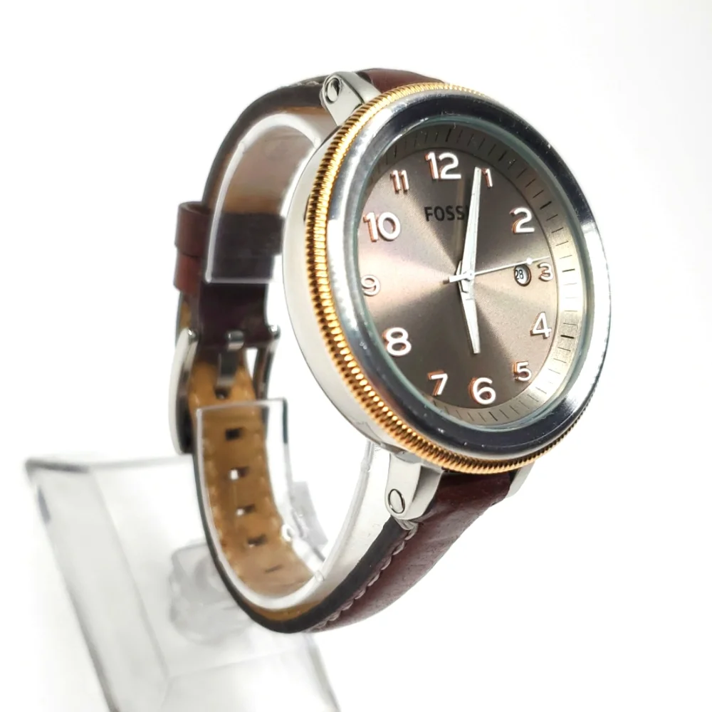 Fossil Watch AM-4304 Silver Gold Watch Brown Leather Band
